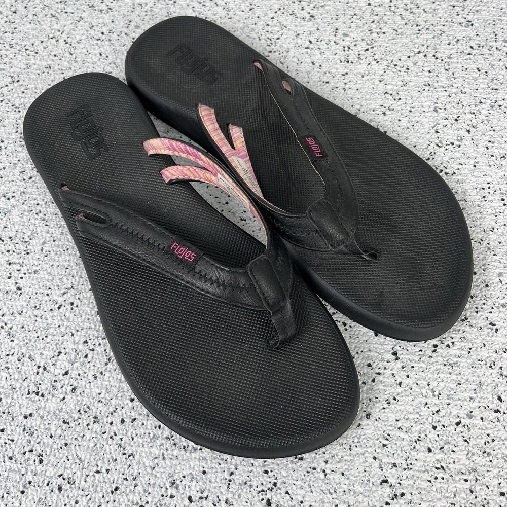 Flojos Black Pink Thong Flip Flop Sandals Womens Size 9 Casual Beach - Picture 2 of 5